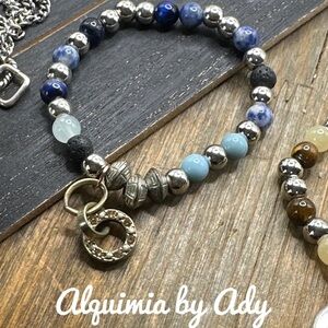 Aquamarine red turquoise Gemstone Bracelet clear beaded unique quartz